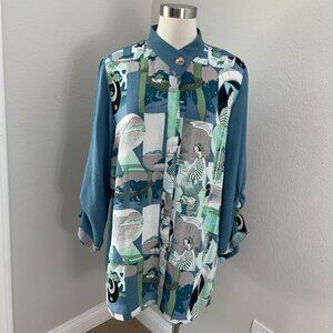 Citron Santa Monica Womens XL Blue 100% Silk Button Up Tunic Top Mandarin Collar